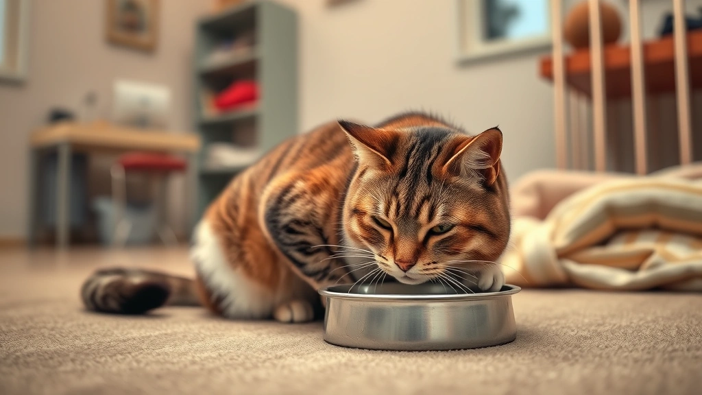 feeding in unfamiliar environments -
Photorealistic image of a relaxed cat eating from its own bowl in a peaceful bo