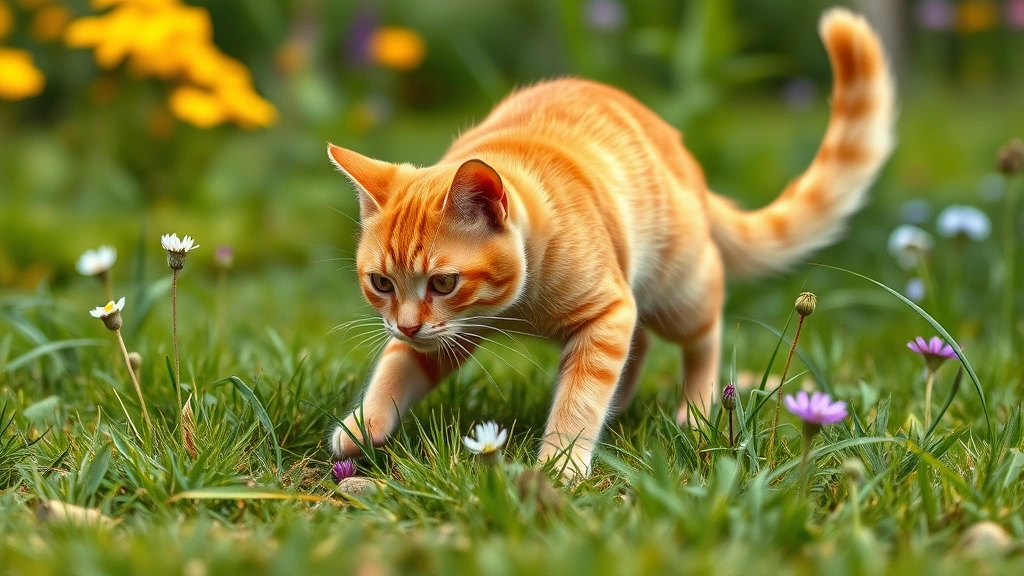 feeding indoor vs outdoor cats -
Photorealistic image of an orange cat outdoors in a garden hunting or exploring
