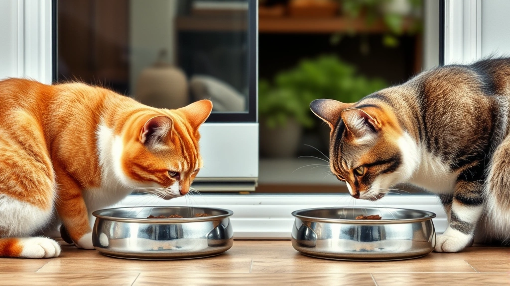 feeding indoor vs outdoor cats -
Photorealistic image of two cats eating from separate bowls side by side, one i
