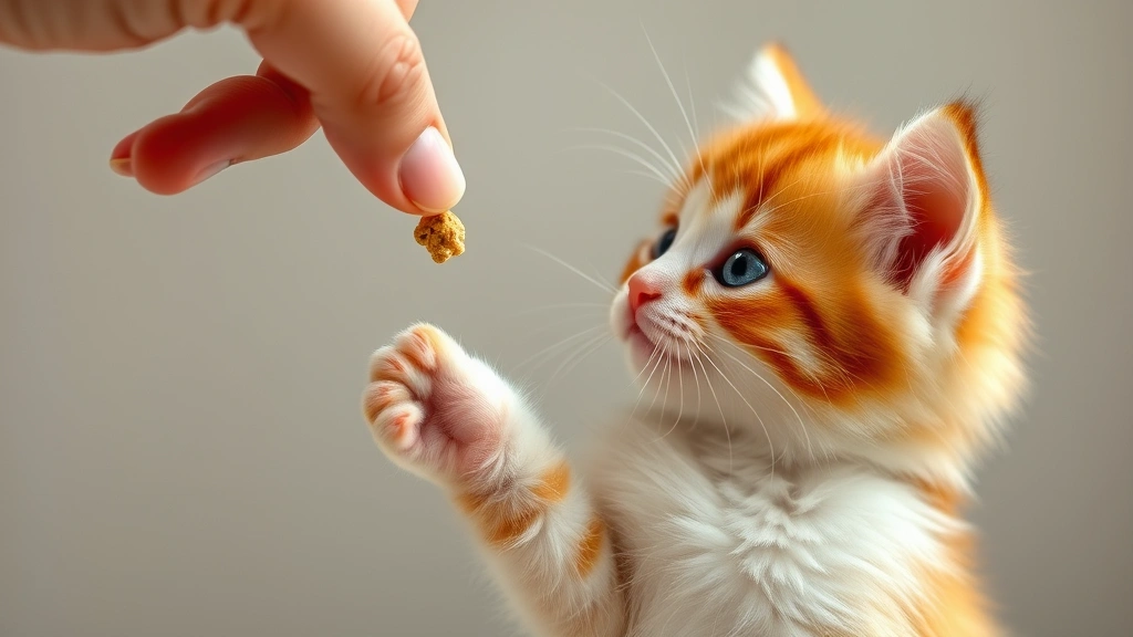 feeding kittens frequently -
Photorealistic photo of a fluffy orange and white kitten reaching up toward a h