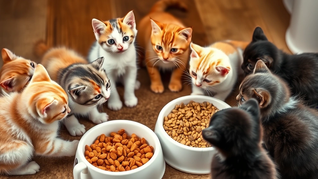 feeding kittens frequently -
Photorealistic image of multiple kittens of different colors gathered around se