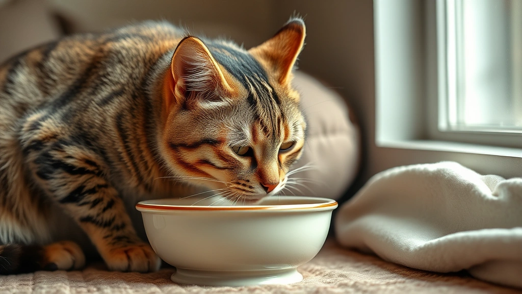 feeding pets with mobility issues -
A senior tabby cat with visible stiffness eating from a raised ceramic bowl in 