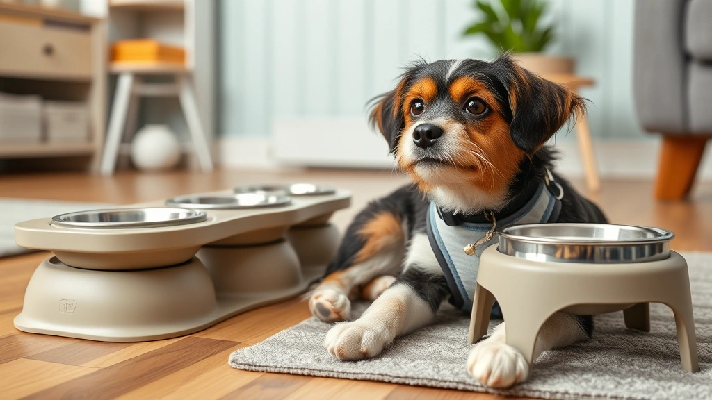 feeding pets with mobility issues -
A small dog with a mobility harness resting near their feeding station with mul
