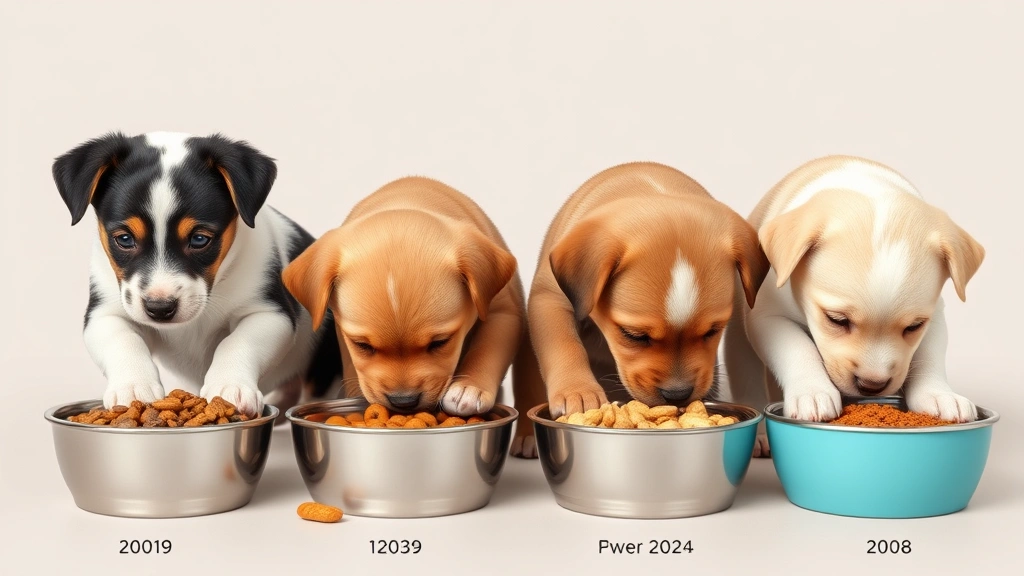 feeding puppies multiple times -
Photorealistic image of four different puppies of various breeds eating from se