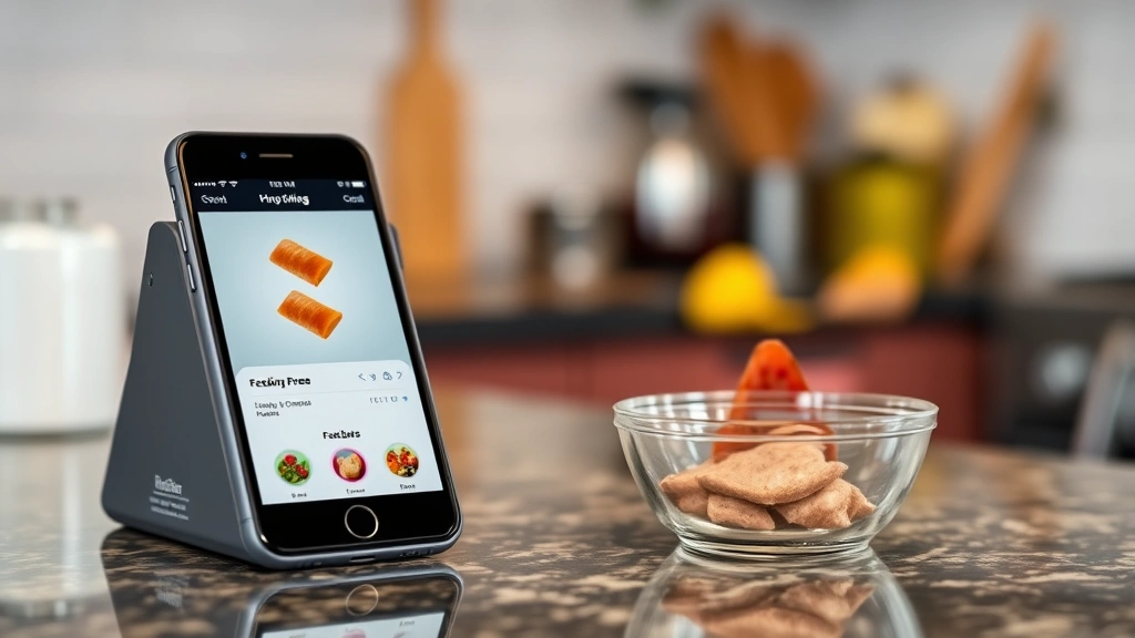 feeding schedule apps -
with a smartphone displaying a feeding app on the counter nearby
