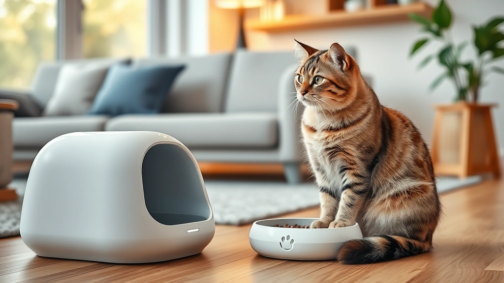 feeding schedule apps -
Photorealistic image of a cat sitting by a modern smart pet feeder in a cozy ho