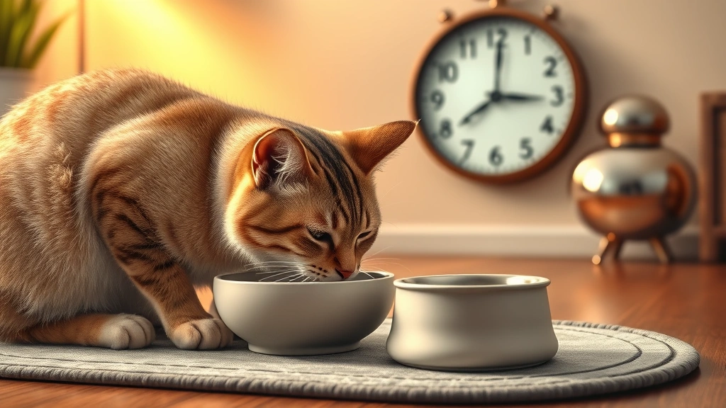Feeding schedules for pets -
Photorealistic image of a cat eating from a ceramic bowl on a feeding mat with 