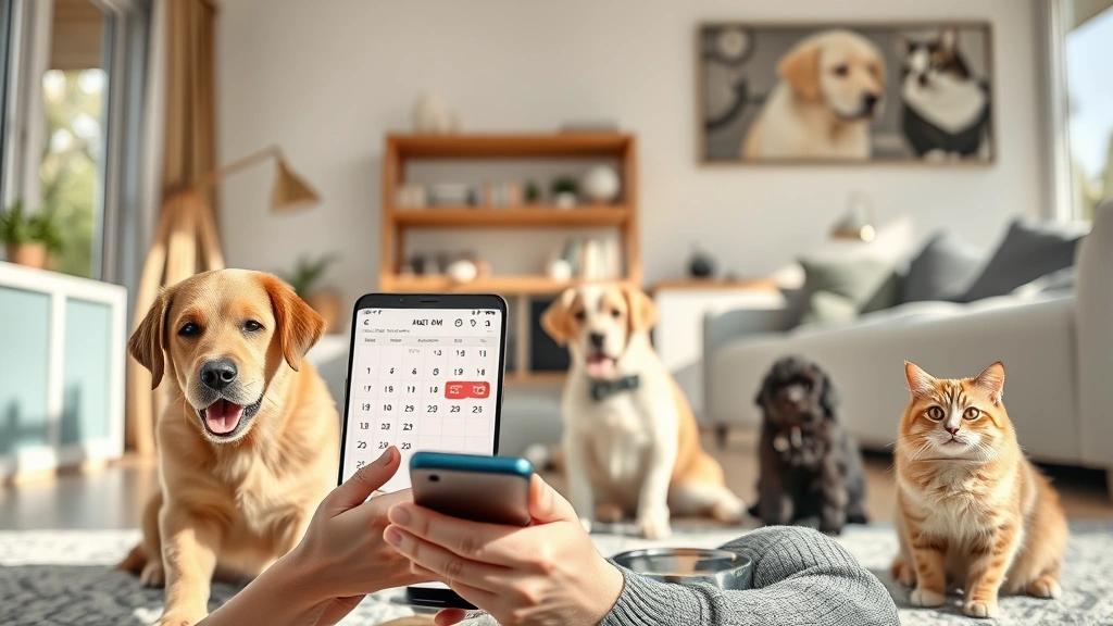 Feeding schedules for pets -
Photorealistic image of a pet owner checking a calendar or phone reminder for p