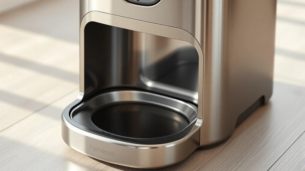 feeding station separation -
A photorealistic close-up of a sleek stainless steel microchip automatic pet fe