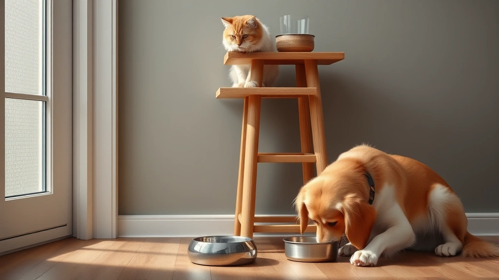 feeding station separation -
A photorealistic image of a cozy cat feeding station on a tall wooden shelf wit
