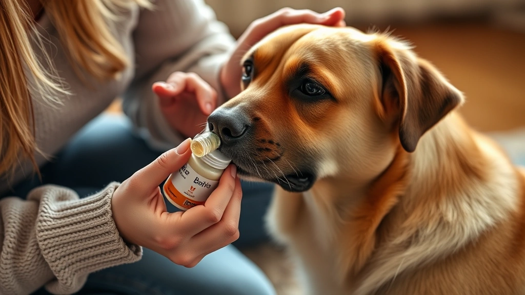 fireworks anxiety relief -
Photorealistic image of a pet parent gently administering a calming supplement