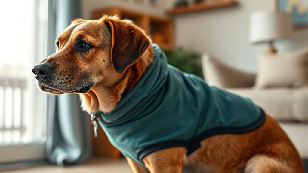 fireworks anxiety relief -
Photorealistic image of a dog wearing a calming anxiety wrap or thundershirt, l