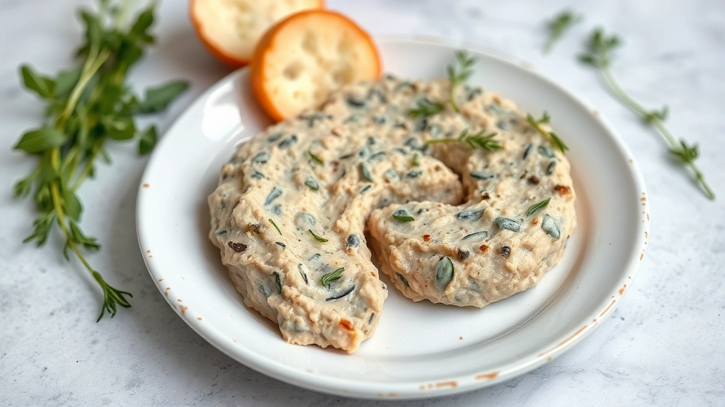 fish-based treats for cats -
and sardine pate on a white ceramic plate with fresh herbs garnish
