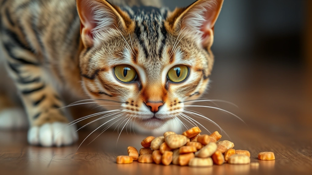 fish-based treats for cats -
Photorealistic image of a tabby cat with bright eyes eagerly reaching toward a 