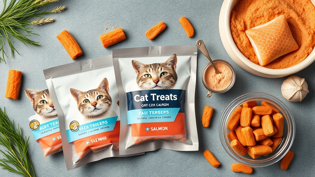 fish-based treats for cats -
Photorealistic flat lay composition of fish-based cat treat packages and contai