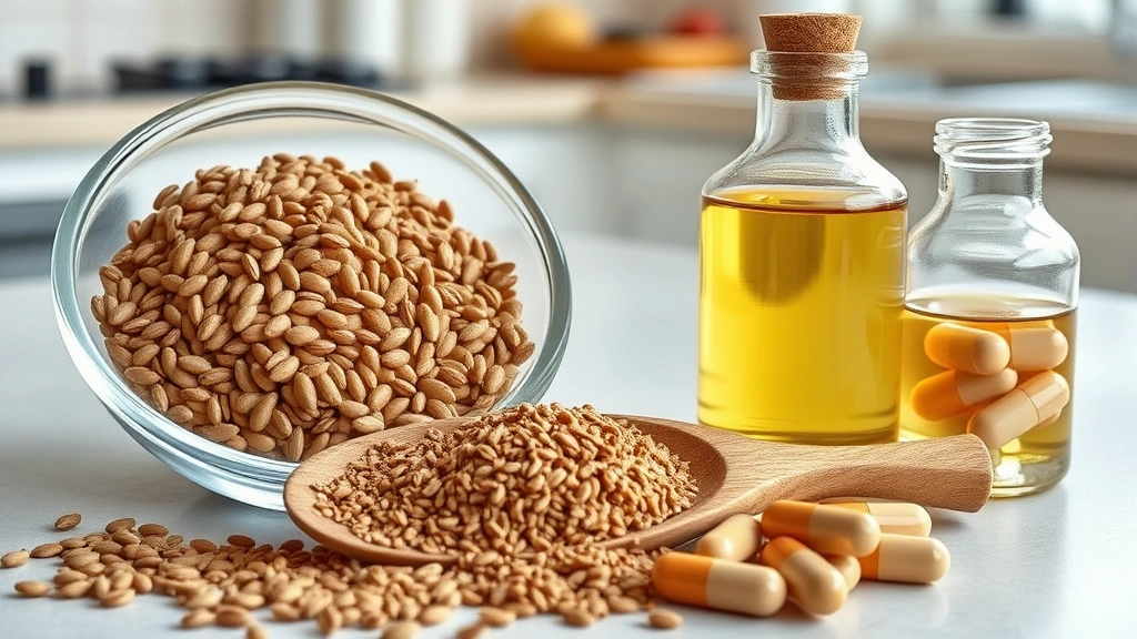 flaxseed supplements for dogs -
Photorealistic image of various flaxseed supplement forms displayed together: w