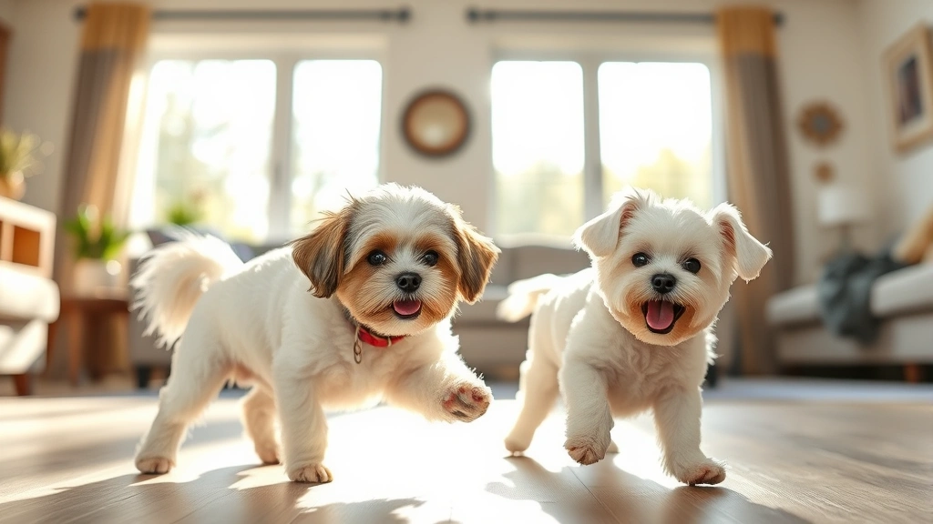 fluffy cute small dogs -
A Shih Tzu and Bichon Frise playing together in a bright living room with sunli