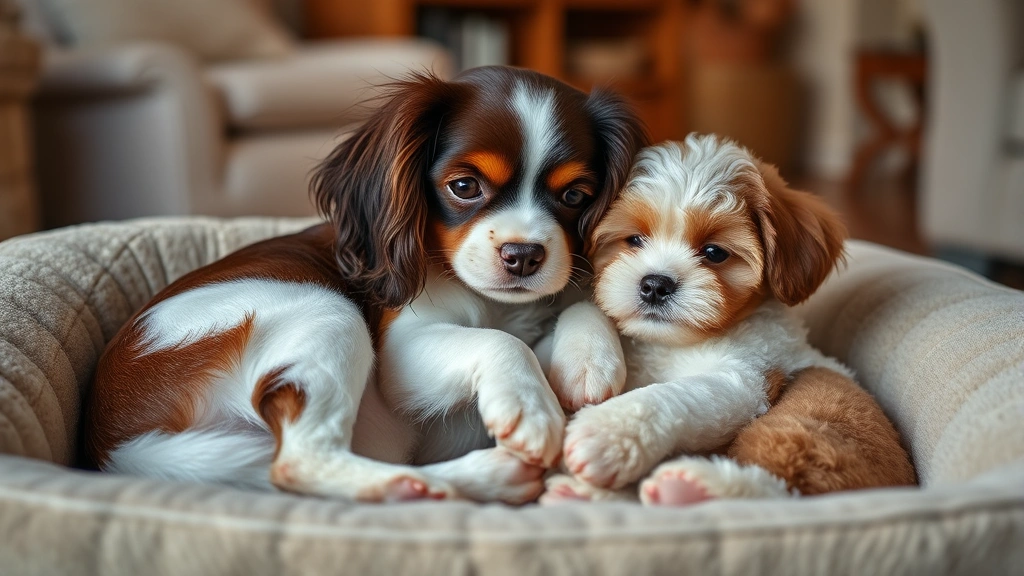 fluffy cute small dogs -
A Cavalier King Charles Spaniel and Toy Poodle cuddling on a soft dog bed, show