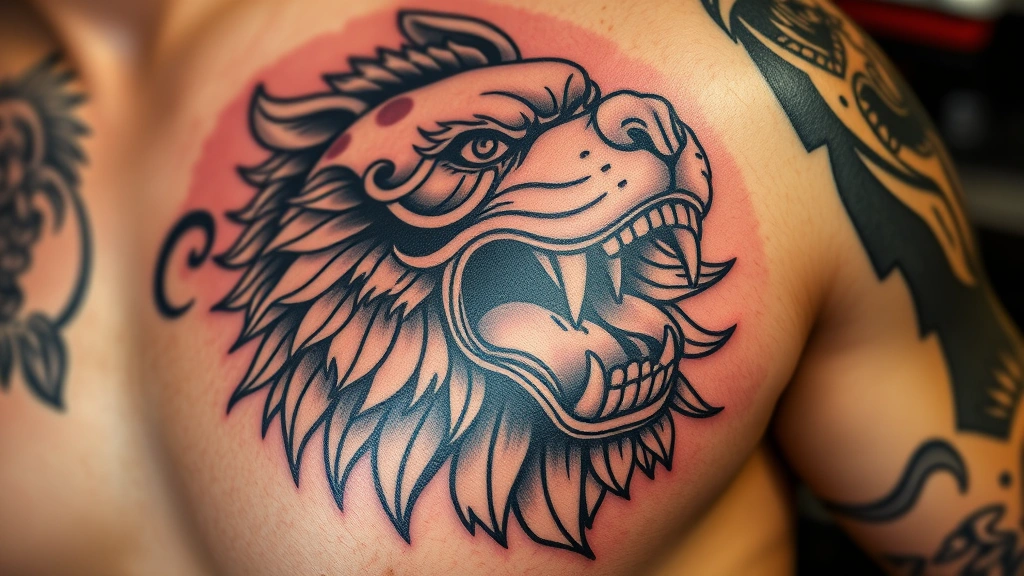 foo dog tattoo -
Photorealistic foo dog tattoo on human skin showing black and gray detailed des