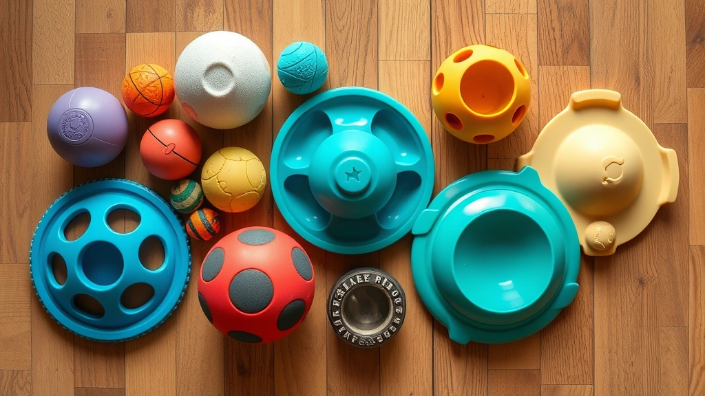 food dispensing toys -
Photorealistic overhead shot of multiple interactive pet toys including rubber