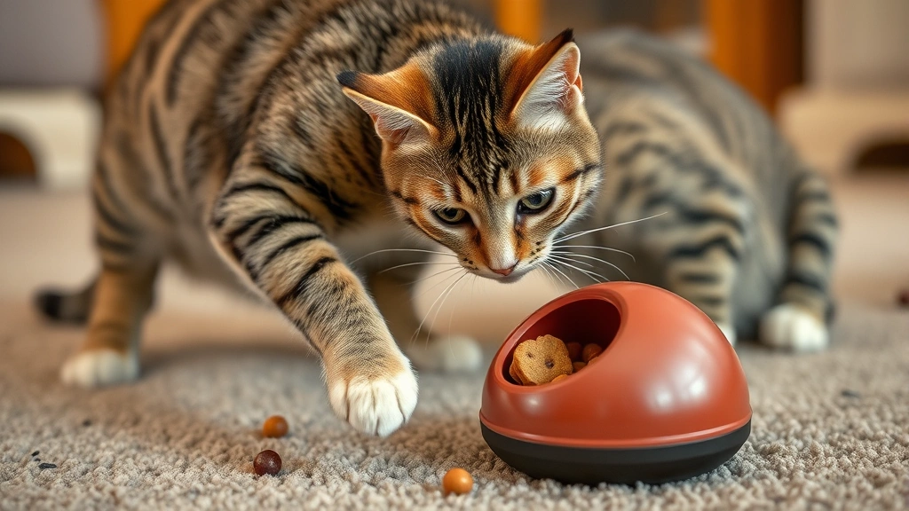 food dispensing toys -
Photorealistic image of a tabby cat engaged with a treat-dispensing toy on a ca