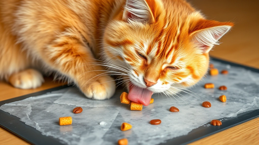 food enrichment for cats -
An orange cat enthusiastically licking a frozen treat mat spread with wet cat f
