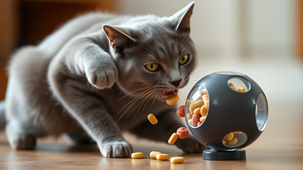 food enrichment for cats -
A sleek gray cat batting at a treat-dispensing toy ball with treats falling out