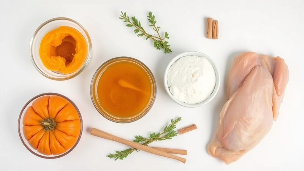 food for dogs with diarrhea -
Photorealistic flat lay of dog digestive health ingredients including pumpkin p