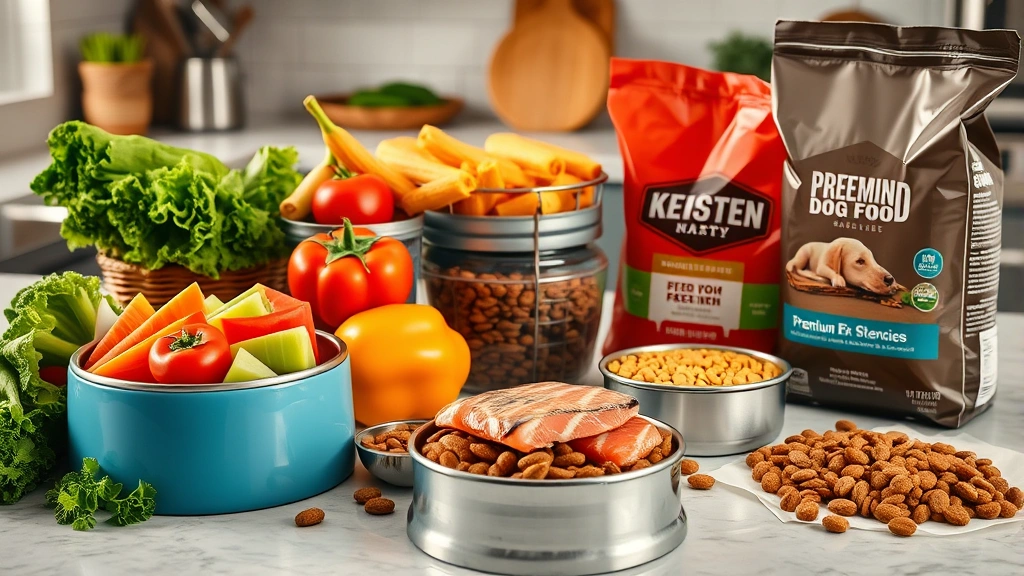 food hypersensitivity in dogs -
Photorealistic image of various dog food bowls and ingredients – fresh ve