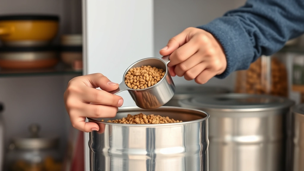 food safety feeding timeline -
Photorealistic close-up of hands measuring dry dog food with a measuring cup in