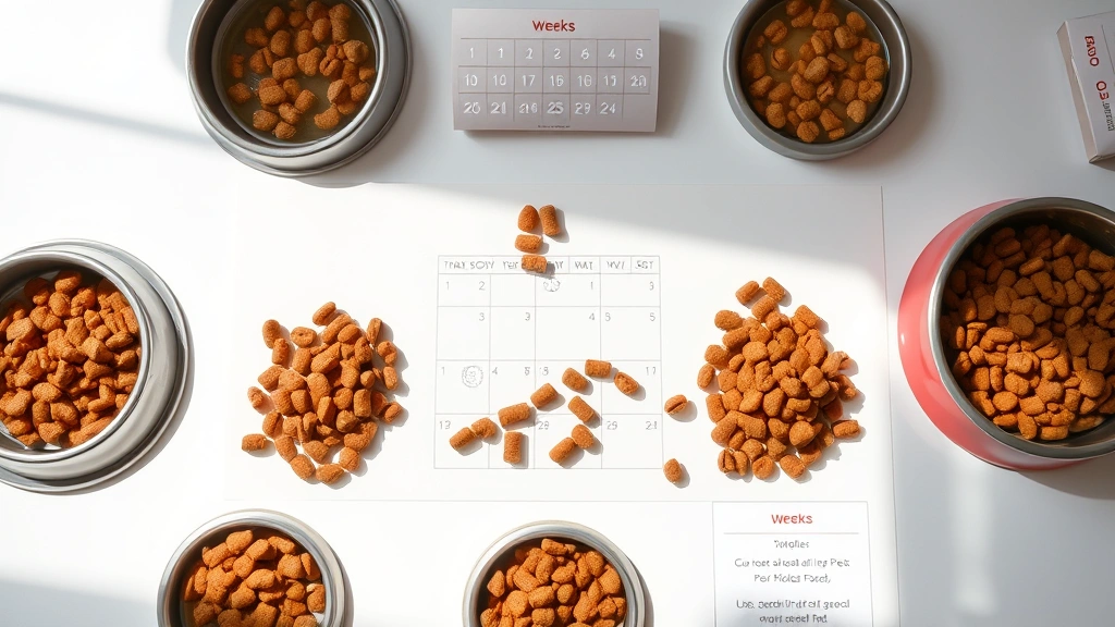 food trial feeding schedule -
Photorealistic image of various pet food bowls and trial diet kibble samples ar