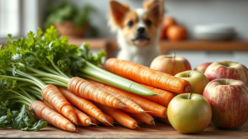 foods for dental health in pets -
Photorealistic close-up of fresh raw vegetables including carrots, celery, and 