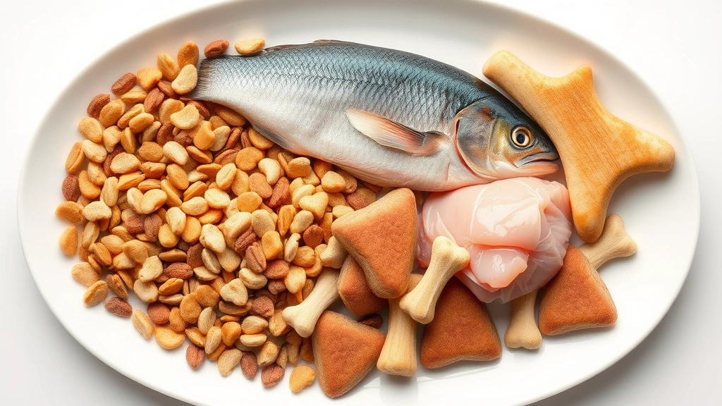 foods for dental health in pets -
Photorealistic overhead shot of a variety of premium dry pet kibble, fresh fish
