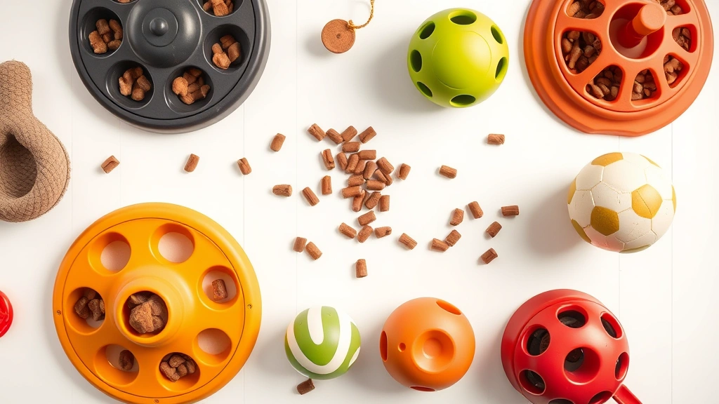 foraging toys for cats -
Photorealistic overhead shot of multiple foraging toy options arranged on a whi