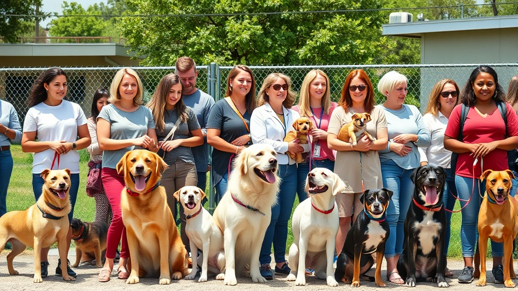 free dog vaccinations near me -
Photorealistic image of a diverse group of dog owners with various dog breeds w