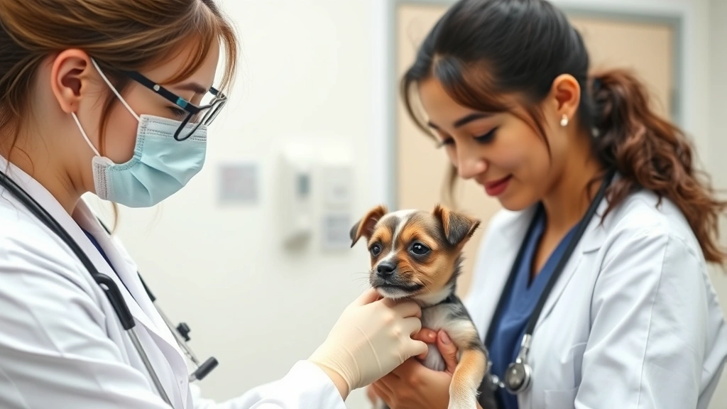 free dog vaccinations near me -
Photorealistic image of a veterinary student under supervision examining a smal
