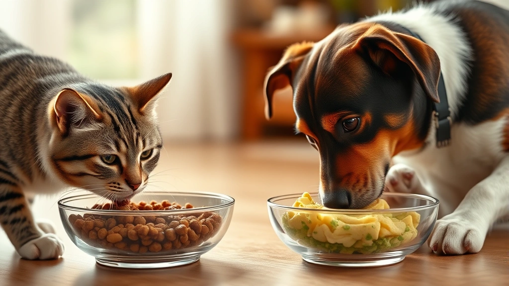 free feeding vs scheduled feeding -
Photorealistic image of a cat and dog eating from separate measured portions in