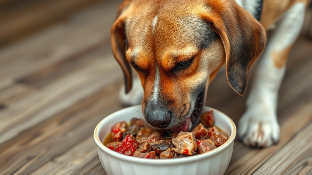 freeze dried raw dog food -
Photorealistic image of a happy dog eating from a ceramic bowl containing rehyd