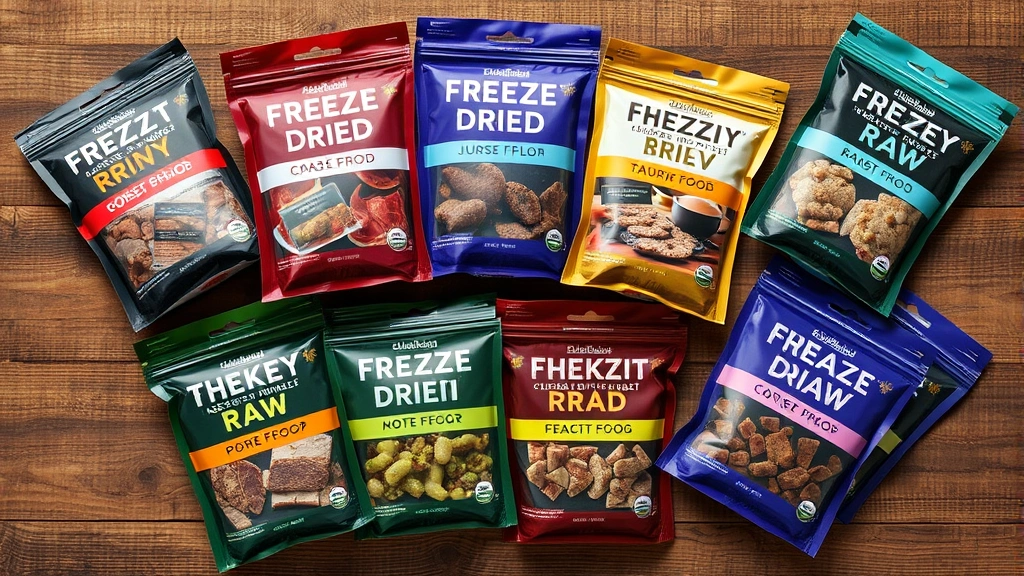 freeze dried raw dog food -
Photorealistic overhead shot of various freeze dried raw dog food brands displa