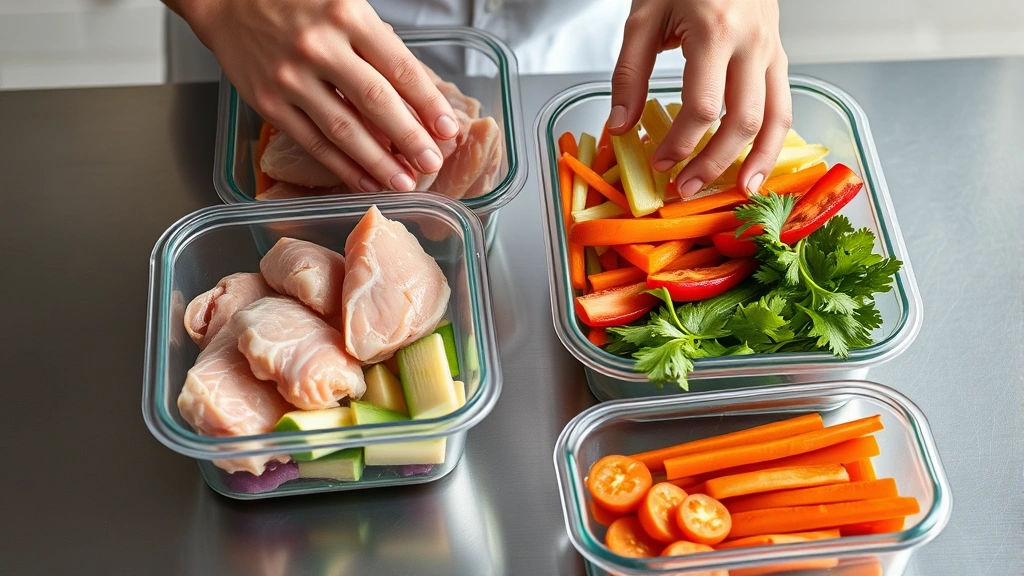 freezer meal pet scheduling -
Photorealistic image of hands portioning raw chicken and vegetables into clear 