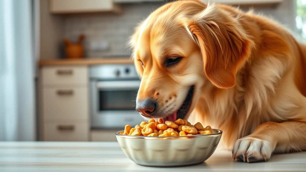 freezer meal pet scheduling -
Photorealistic image of a happy golden retriever eating from a bowl with fresh 