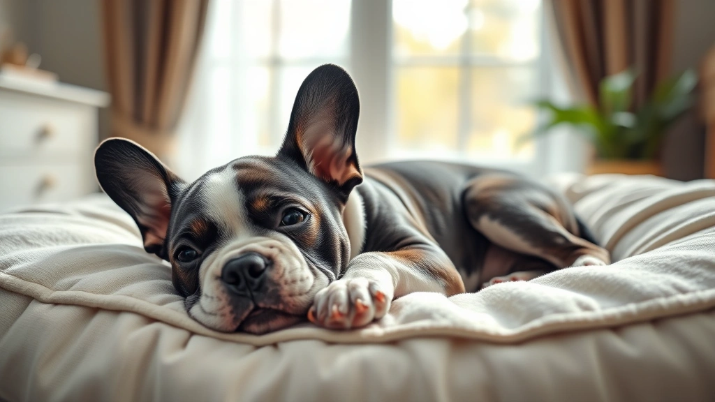 frenchton dog -
Photorealistic frenchton puppy lying on a soft cooling bed indoors
