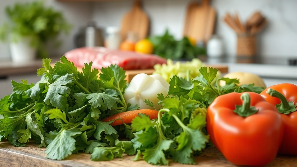fresh food feeding routine -
with fresh vegetables and lean meat visible in the background on a kitchen coun