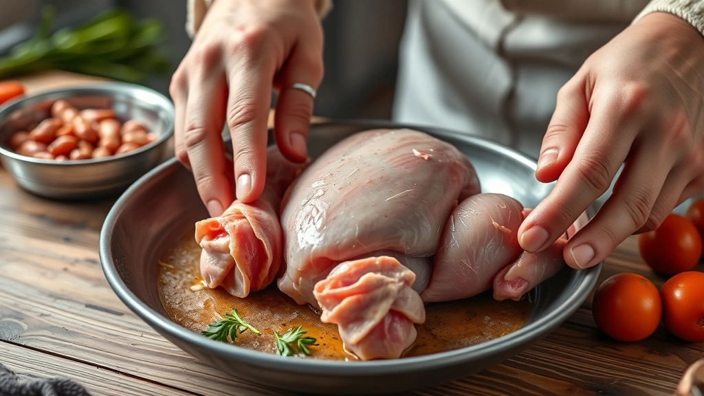 fresh food feeding routine -
Photorealistic image of hands preparing fresh pet food with raw chicken

