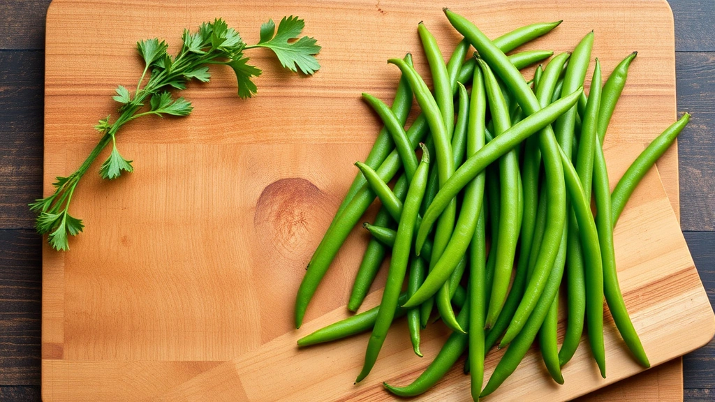 fresh food feeding routine -
and green beans on a wooden cutting board

