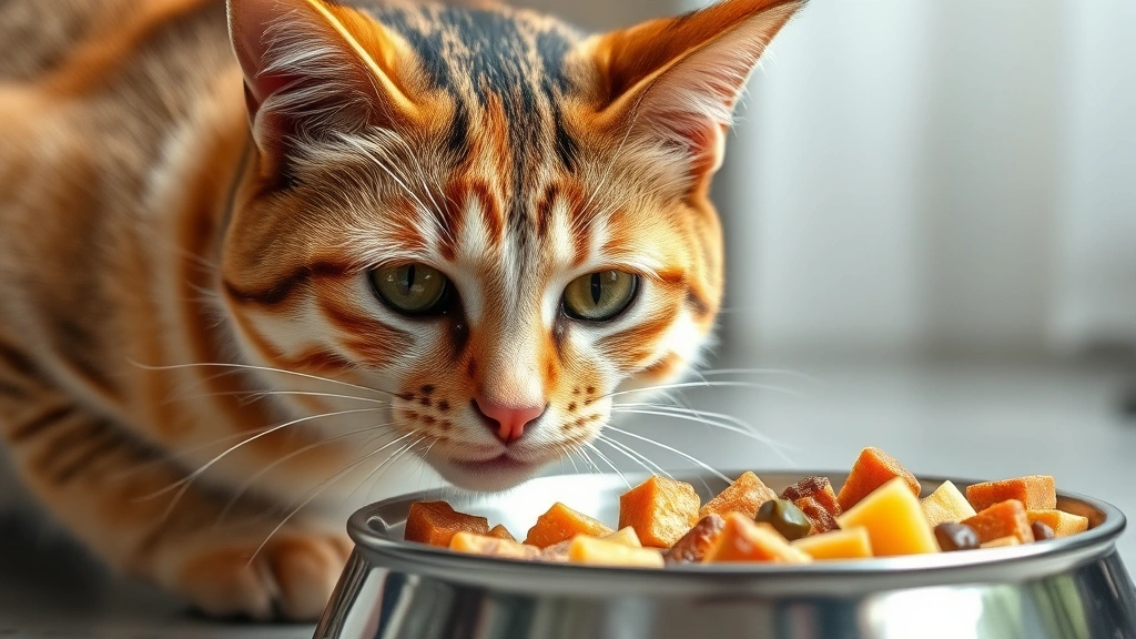 fresh food feeding routine -
Photorealistic image of a healthy-looking cat with shiny fur eating fresh food 