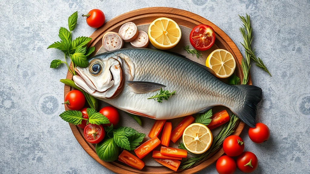 fresh food feeding routine -
surrounded by fresh ingredients like fish
