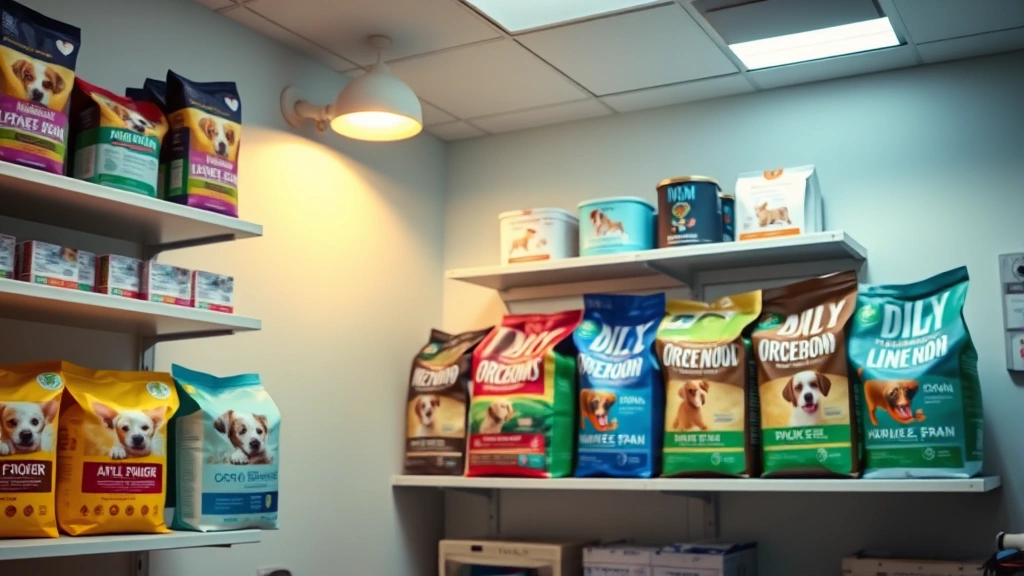 fromm dog food near me -
Photorealistic photo of a veterinary clinic interior with shelves stocked with 