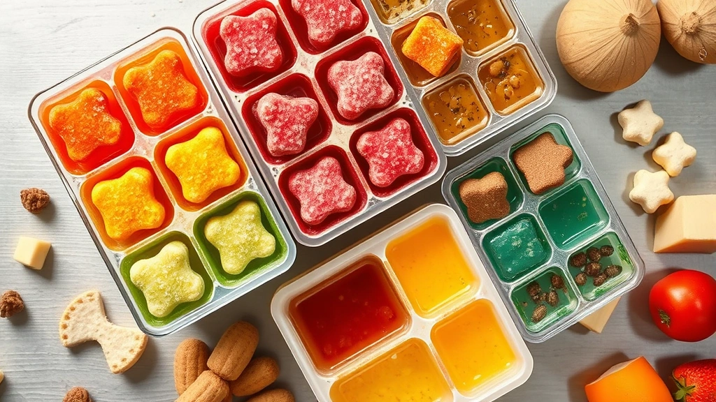 frozen treat recipes for cats -
Photorealistic overhead shot of ice cube trays filled with various frozen cat t