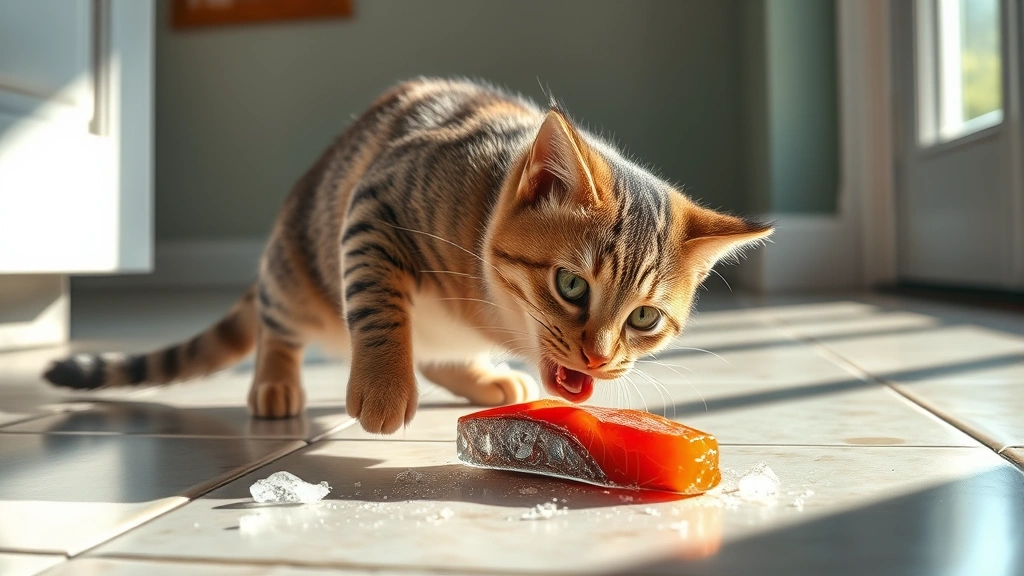 frozen treat recipes for cats -
Photorealistic image of a tabby cat playfully batting at a frozen salmon treat 